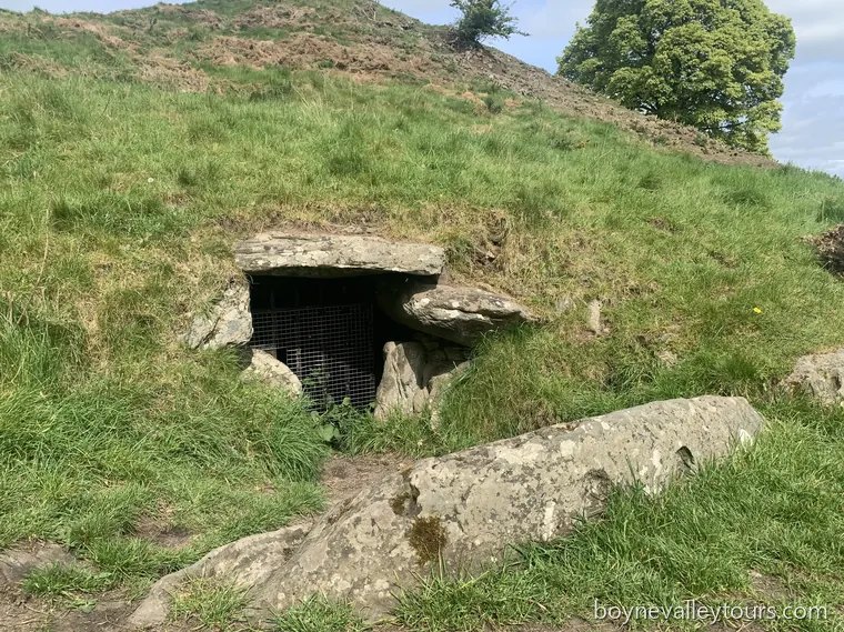 Stone entrance with a metal gate set into the grassy mound at Dowth passage tomb.